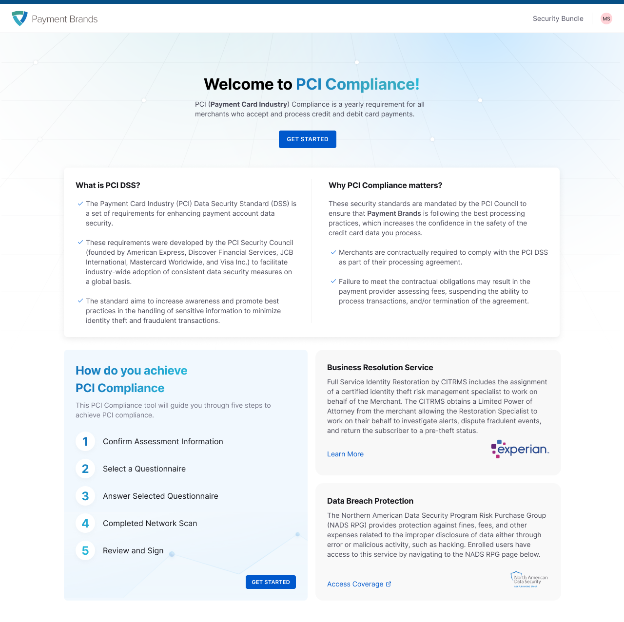 Merchant site welcome page introducing PCI compliance and the five steps to achieve it