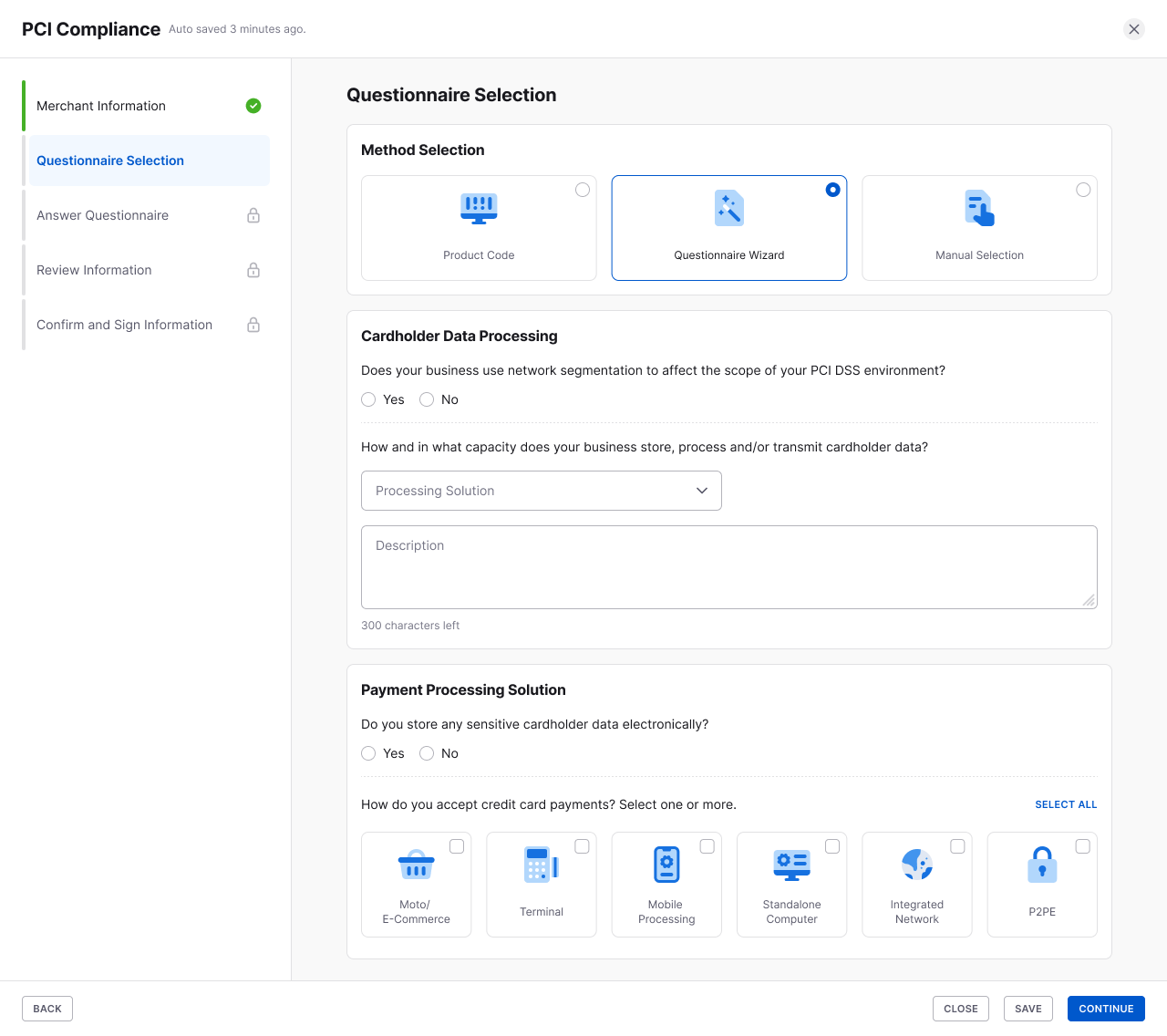 Questionnaire selection wizard asking plain questions about how the merchant processes cardholder data