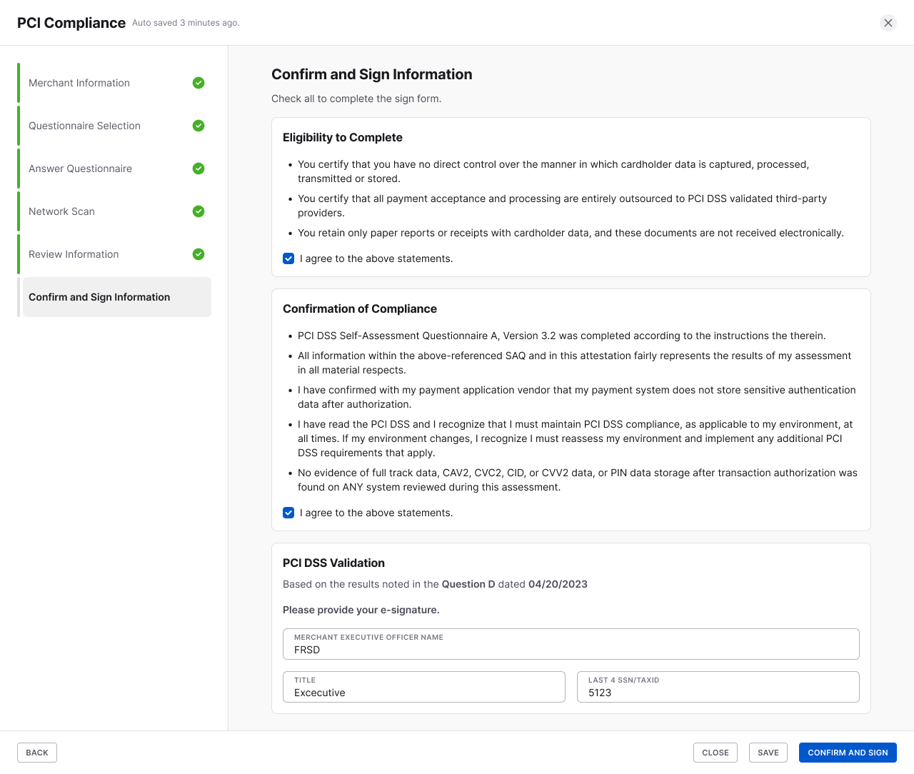 Confirm and Sign Information step with compliance statements and an e-signature form