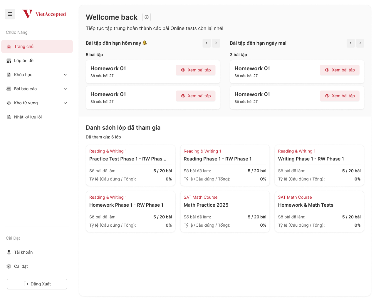 Student dashboard with homework due today and tomorrow and a list of joined classes showing progress